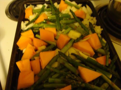 Chopped veggies on cookie sheet